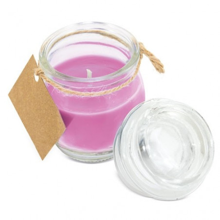 Vela aromática rosa en tarro de cristal con adhesivo personalizado para comunión de niña