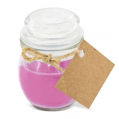 Vela aromática rosa en tarro de cristal con adhesivo personalizado para comunión de niña