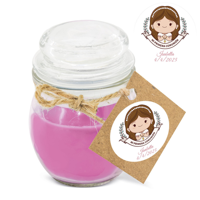 Vela aromática rosa en tarro de cristal con adhesivo personalizado para comunión de niña