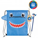 Mochila infantil tiburón con lápiz y etiqueta personalizada con adhesivo de cómic para invitados