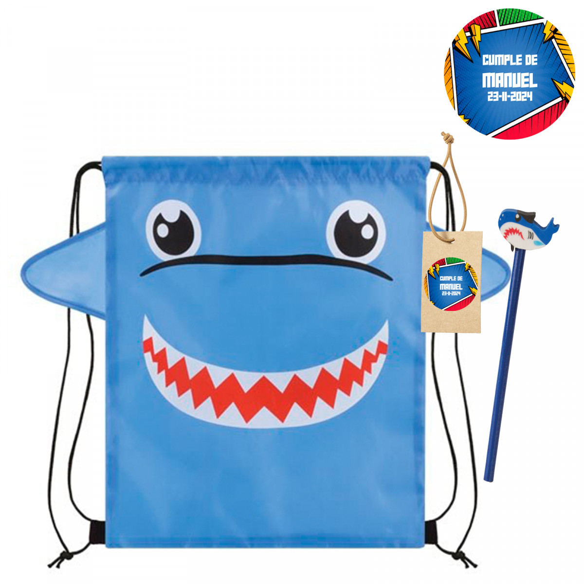 Mochila infantil tiburón con lápiz y etiqueta personalizada con adhesivo de cómic para invitados