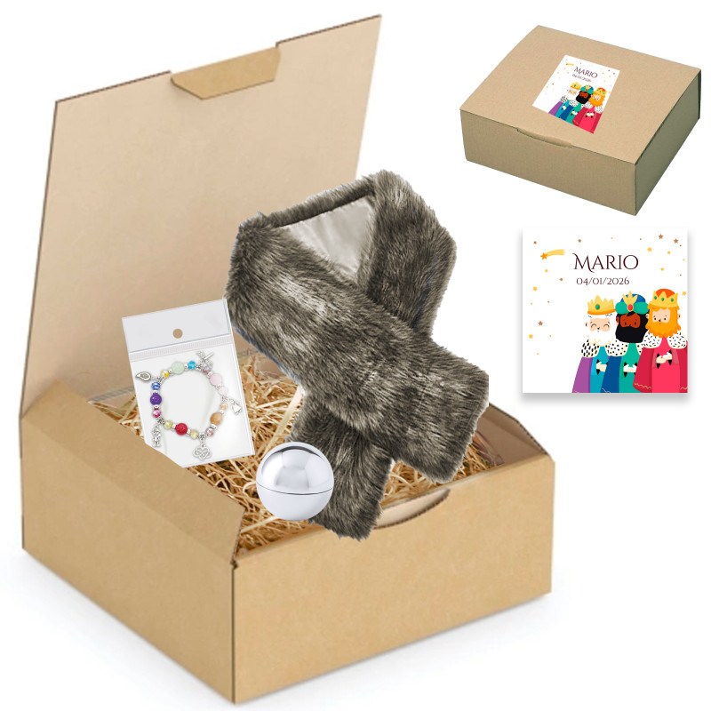 Bufanda pulsera y brillo labial en caja kraft regalo de reyes magos para mujer