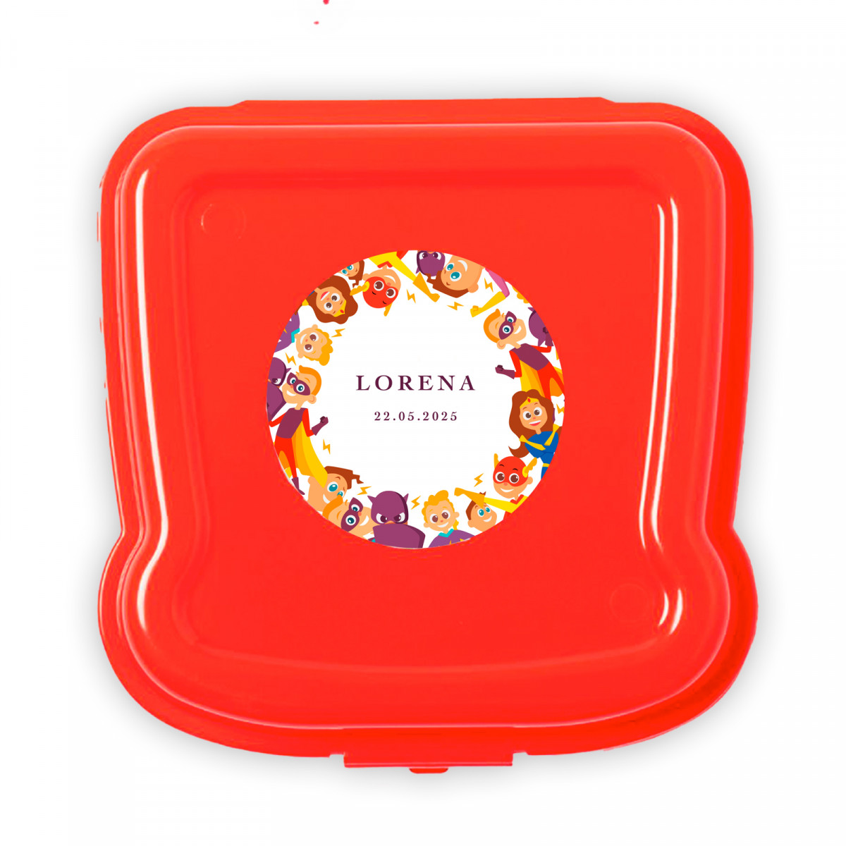 Sandwichera con adhesivo personalizado superhéroes para detalles