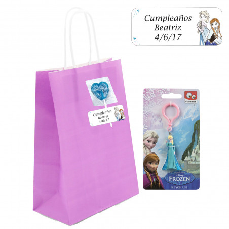 Llavero de frozen en bolsa personalizada con adhesivo y piruleta azul para detalles