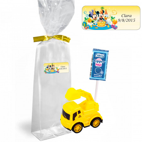 Grúa de juguete y dipper de frambuesa en bolsa personalizada con personajes disney para cumpleaños