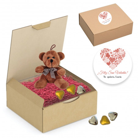 Oso de peluche para colgar y bombones de chocolate corazón en caja con virutas personalizada para san valentín