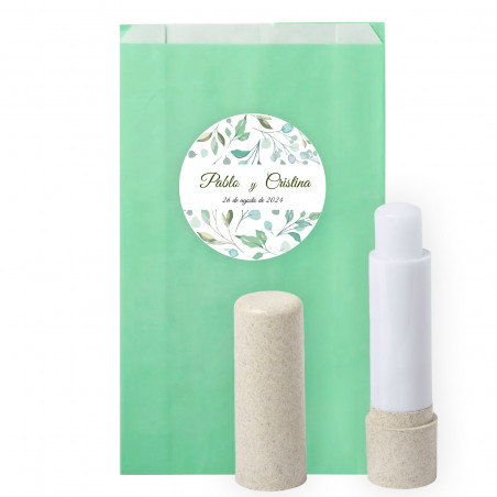 Bálsamo labial eco en sobre con adhesivo diseño hojas personalizable para detalles