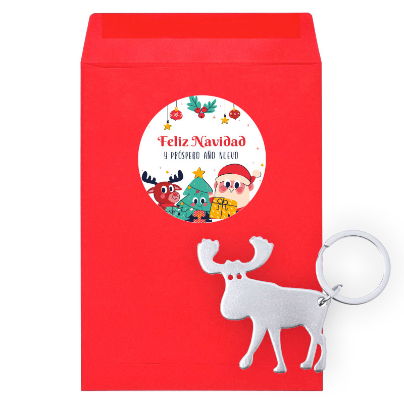 Llavero abridor reno en sobre rojo con adhesivo navideño personalizable