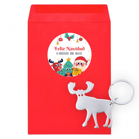 Llavero abridor reno en sobre rojo con adhesivo navideño personalizable