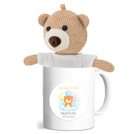 Oso de peluche para colgar en taza cerámica personalizada para detalles bautizo