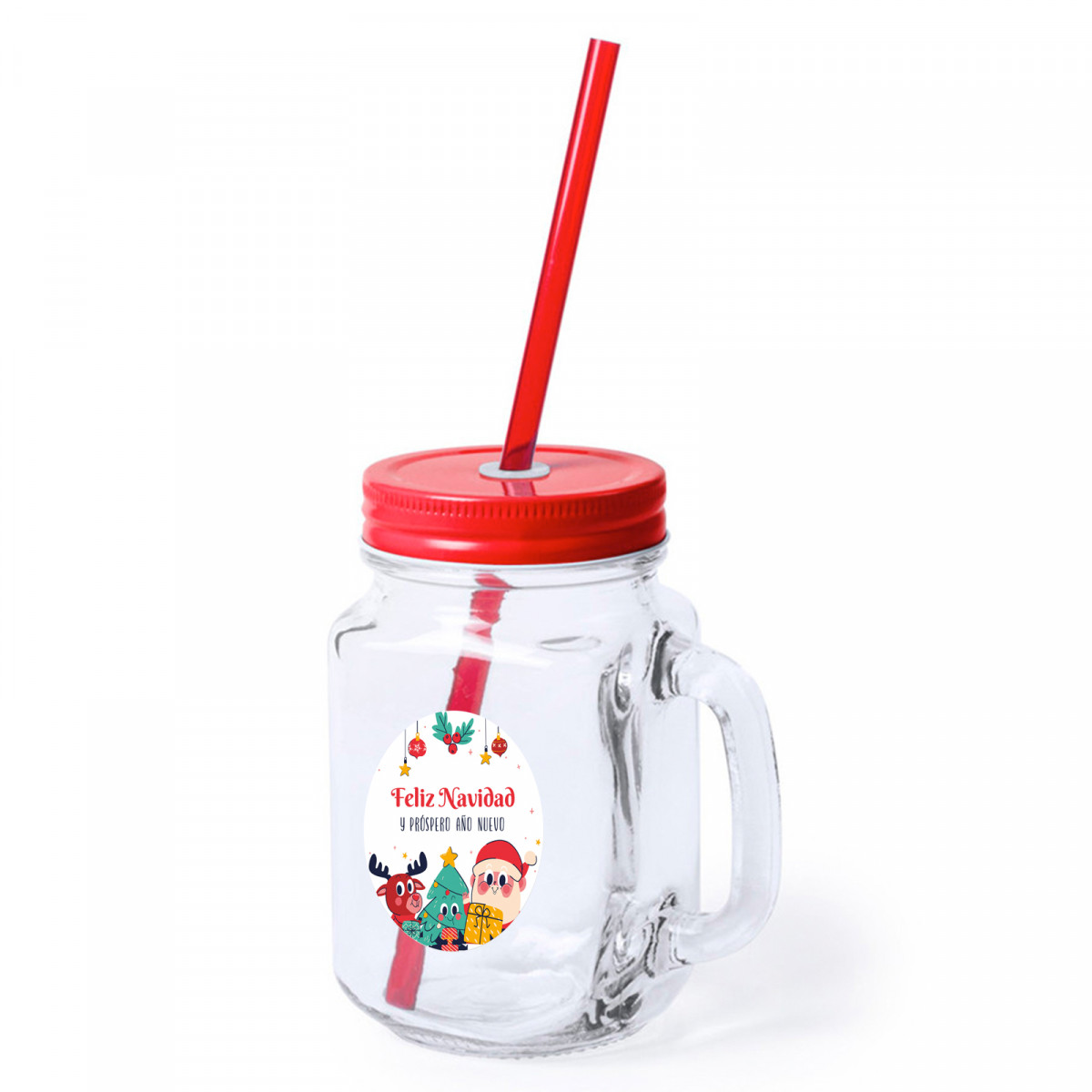 Bote de cristal con pajita con adhesivo navideño personalizable para detalles
