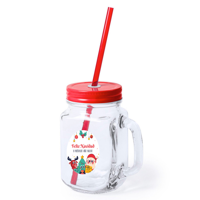 Bote de cristal con pajita con adhesivo navideño personalizable para detalles