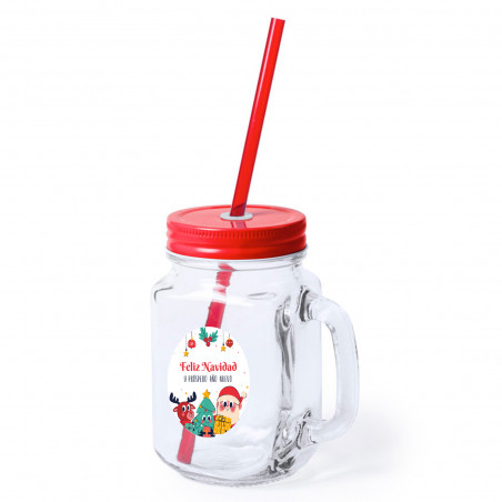 Bote de cristal con pajita con adhesivo navideño personalizable para detalles