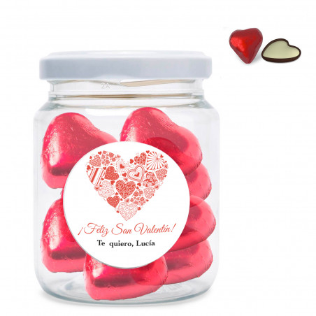 Corazones de chocolate en tarro personalizado para regalar
