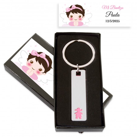 Llavero alargado niña en estuche personalizado para bautizo