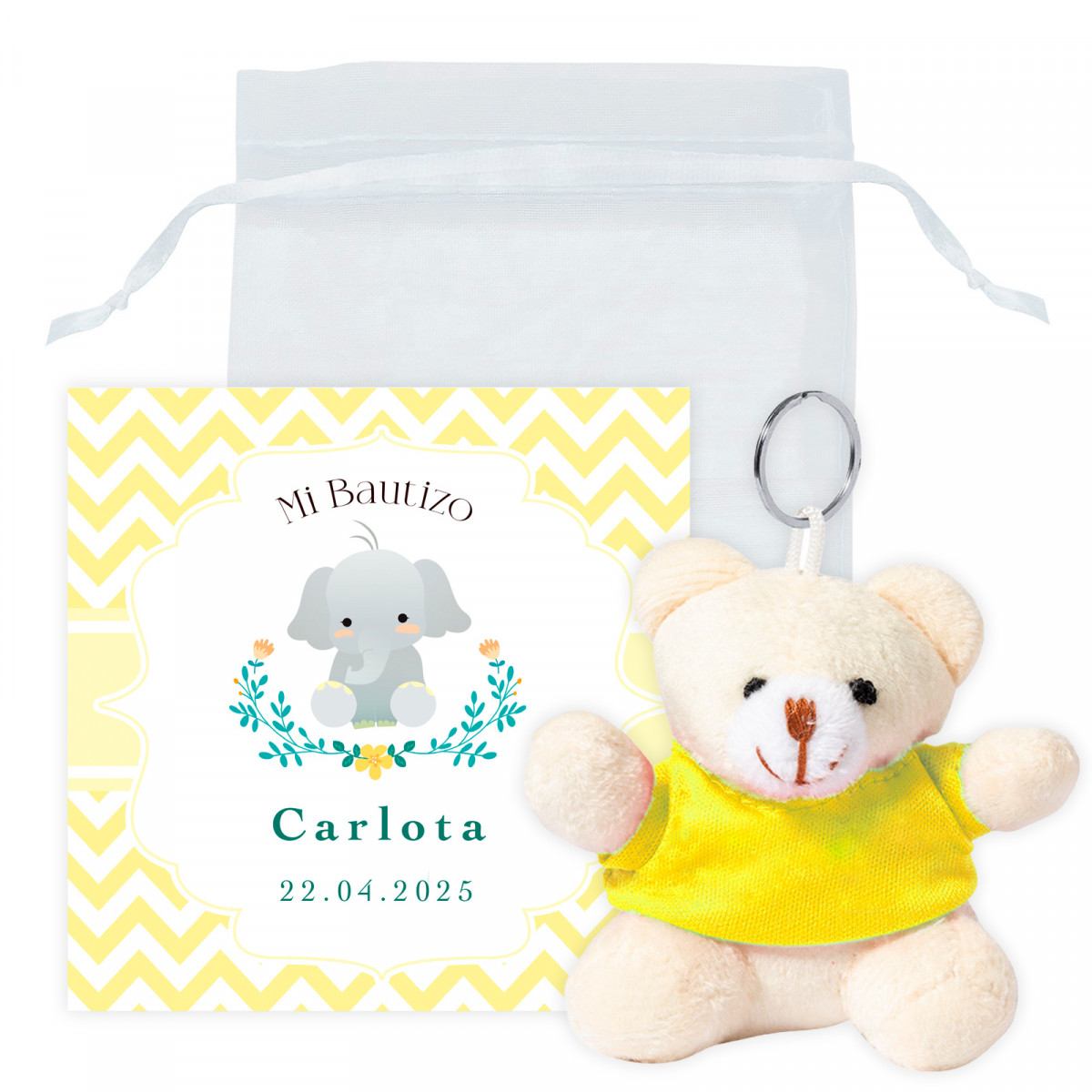 Llavero oso con tarjeta de agradecimiento en bolsa de organza blanca para detalles bautizo