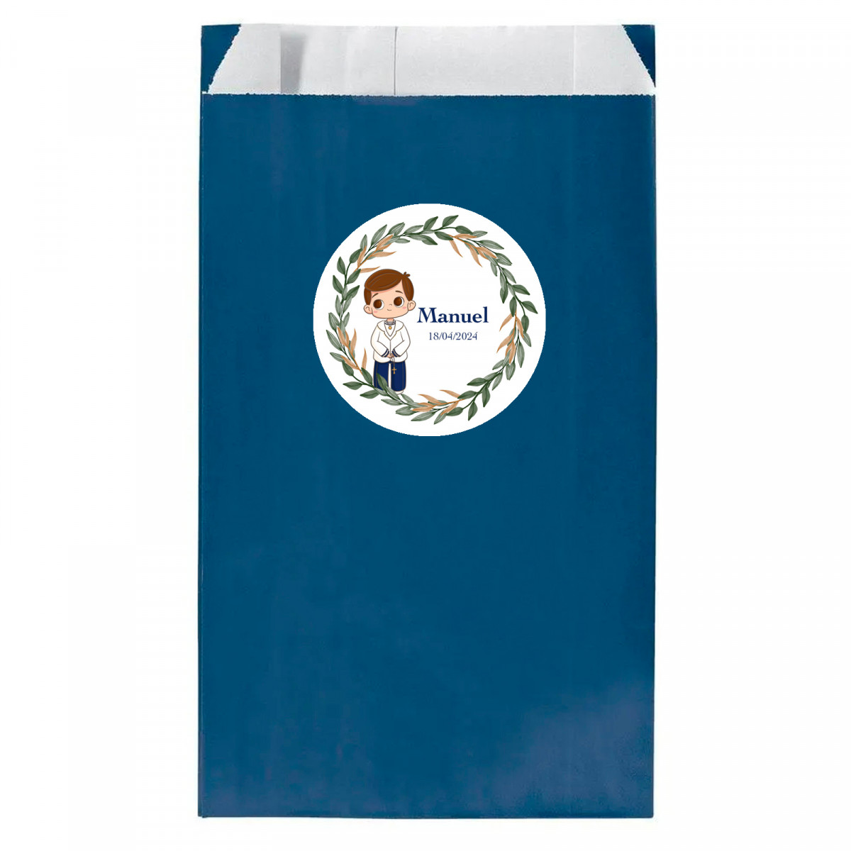 Sobre papel kraft azul marino 7x12cm con adhesivo primera comunión niño personalizable