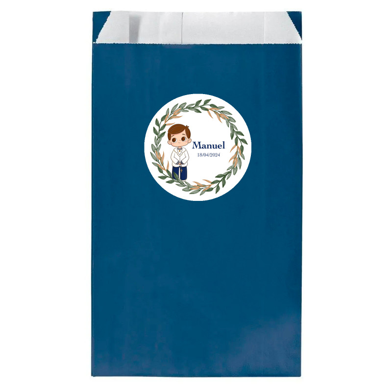 Sobre papel kraft azul marino 7x12cm con adhesivo primera comunión niño personalizable