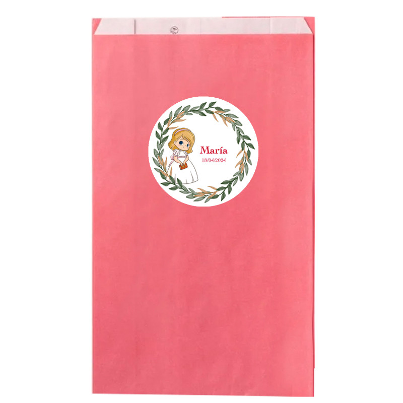 Sobre papel kraft rosa 7x12cm con adhesivo primera comunión niña personalizable