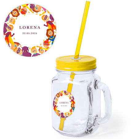 Jarra de cristal con pajita y adhesivo de superheroes para regalar