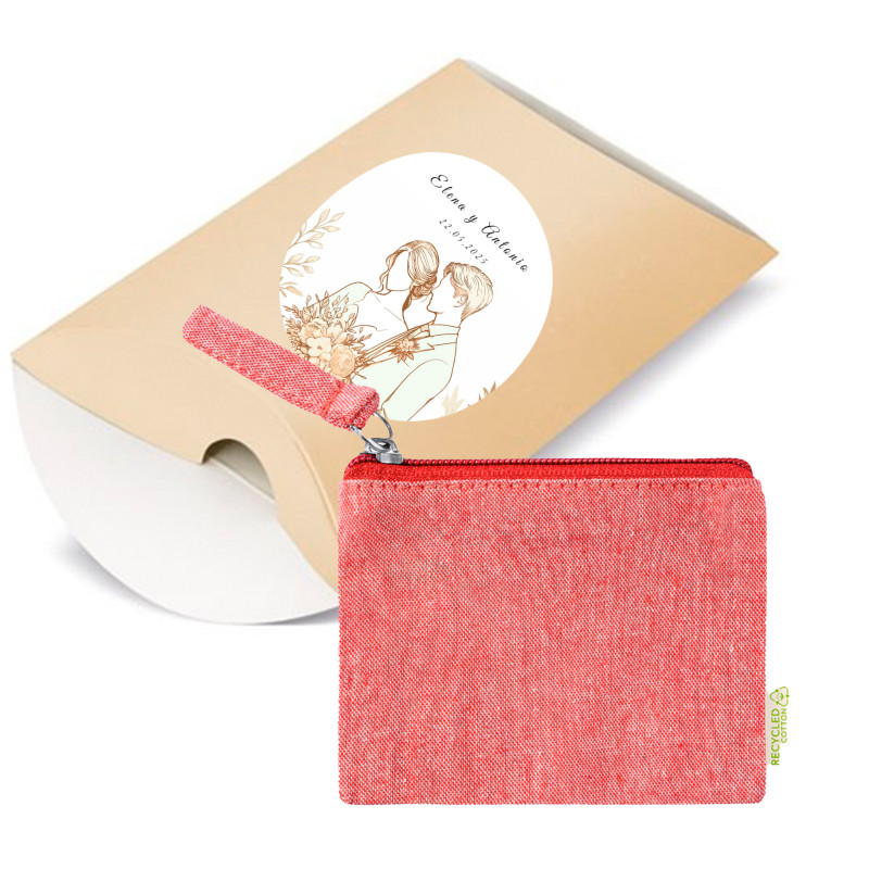 Monedero rojo en estuche kraft con adhesivo romántico novios para detalles boda