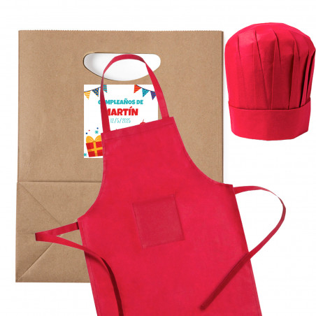 Delantal y gorro de cocina en bolsa con adhesivo personalizable para detalles