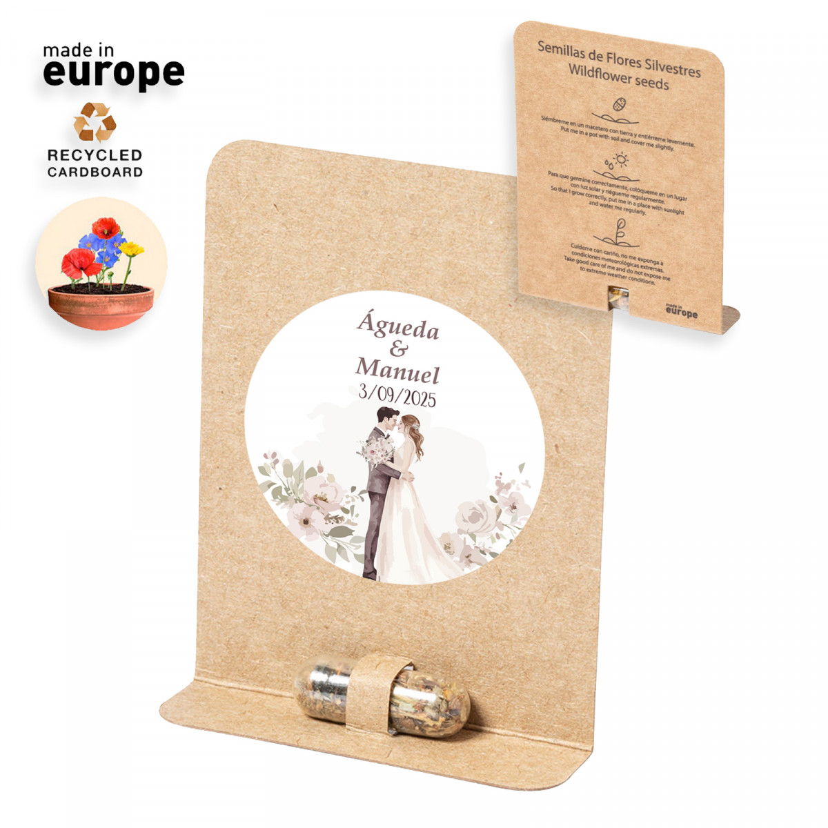 Cápsula de semillas con adhesivo personalizable especial para detalle de Boda