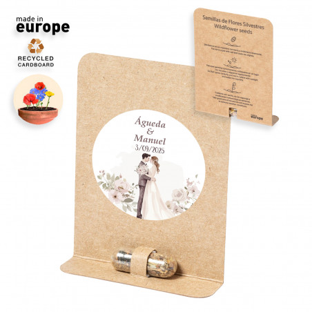 Cápsula de semillas con adhesivo personalizable especial para detalle de Boda