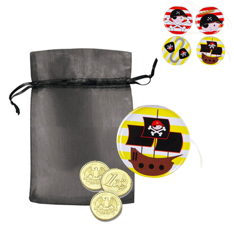 Yoyo metálico de piratas con monedas de chocolate en bolsa de organza para regalar