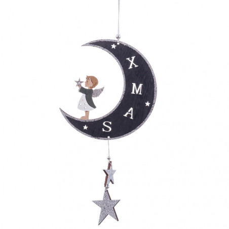 Colgante luna con ángel navideño de madera para decoración