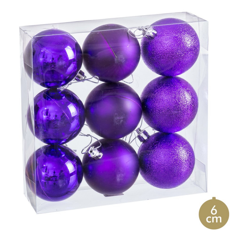 Bolas violetas mate, brillo y purpurina para decoración navidad 9 uds