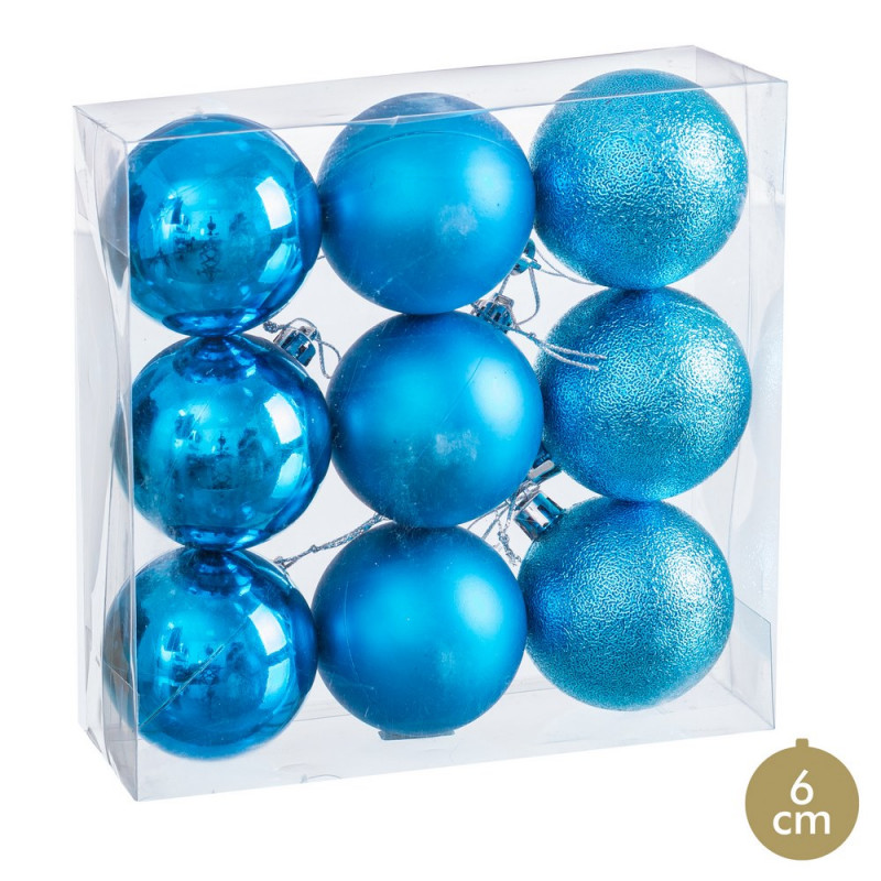 Bolas azul mate, brillo y purpurina para decoración navidad 9 uds