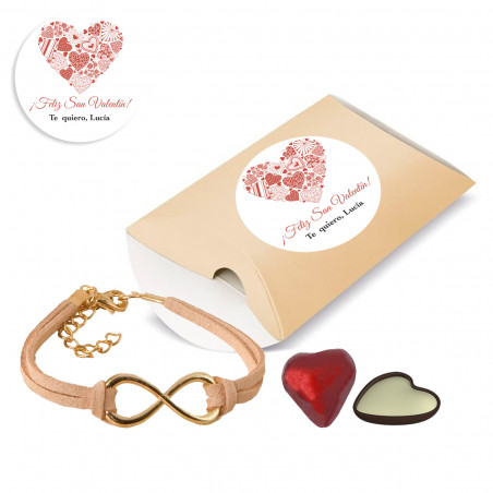 Pulsera de infinito y bombón en forma de corazón en cajita personalizada para boda o San Valentín