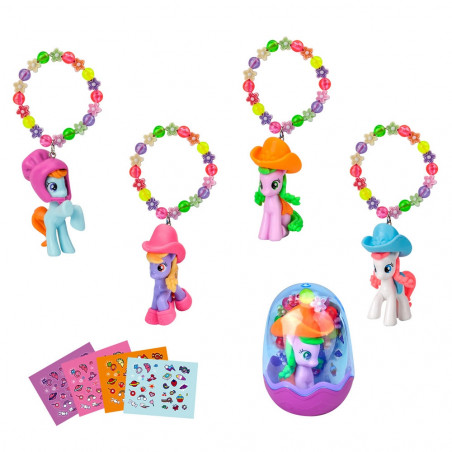 Pulsera con poni y pegatinas y pompero en bolsa morada de organza con adhesivo personalizado para detalle infantil eventos