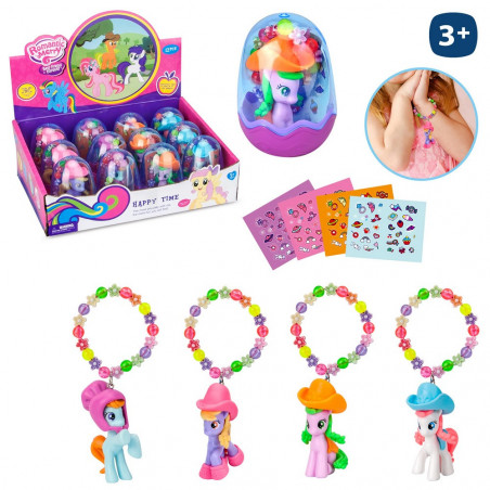 Pulsera con poni y pegatinas y pompero en bolsa morada de organza con adhesivo personalizado para detalle infantil eventos