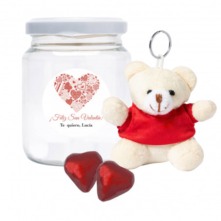 Llavero de oso y bombones de corazón en tarro personalizado con adhesivo romántico para regalar
