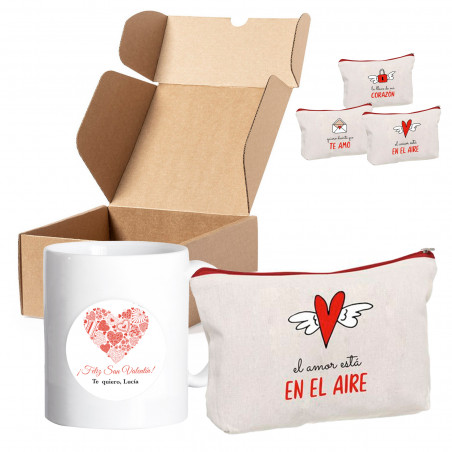 Taza personalizada y romántico neceser en caja para eventos