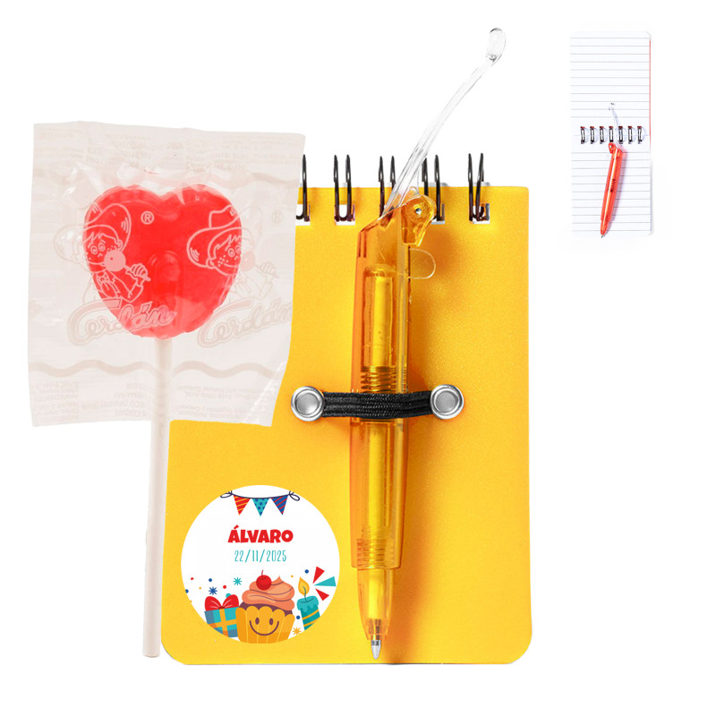 Libreta con bolígrafo personalizable y piruleta para regalar