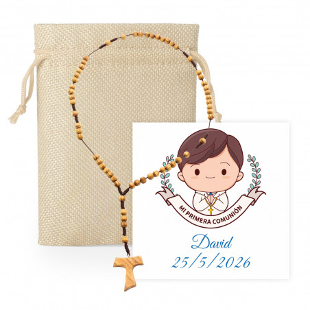 Rosario de madera con tarjeta de recuerdo en bolsa tela para primera comunión niño