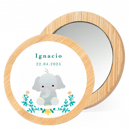 Espejo de bambú con tierno adhesivo elefante para detalles bautizo