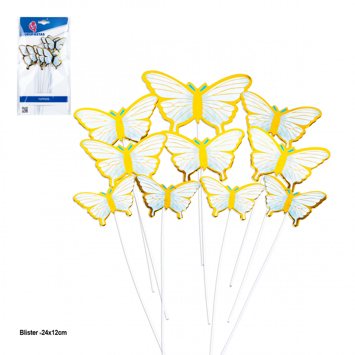 Topper para tartas mariposas azules con bordes metalizados oro para decorar