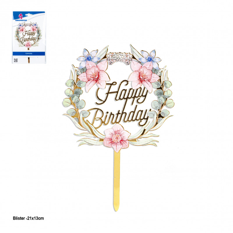 Topper corona floral Happy Birthday detalles en oro para decorar