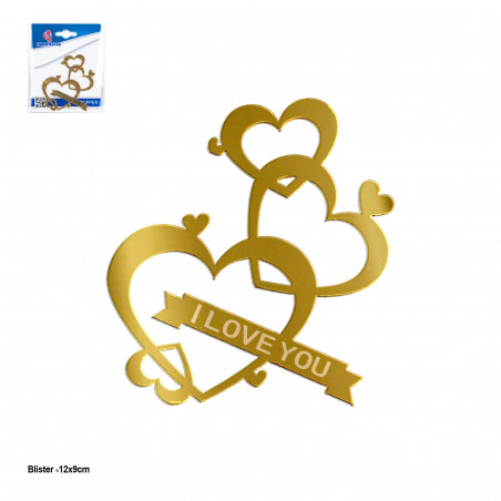 Topper corazones dorado con letras "i love you" para decorar