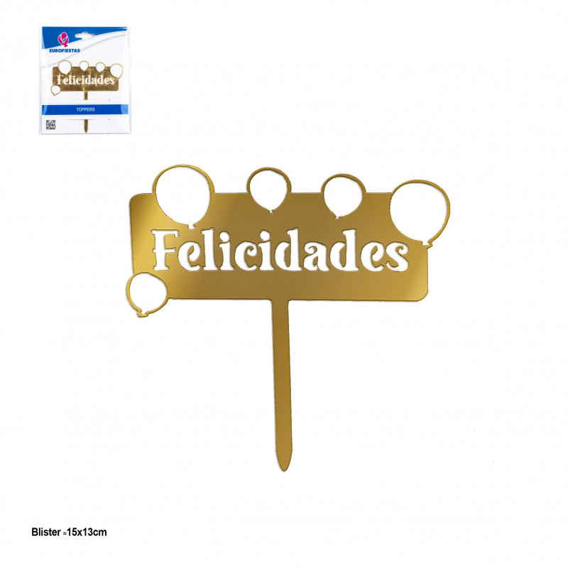 Topper letrero Felicidades dorado con letras troqueladas para decorar