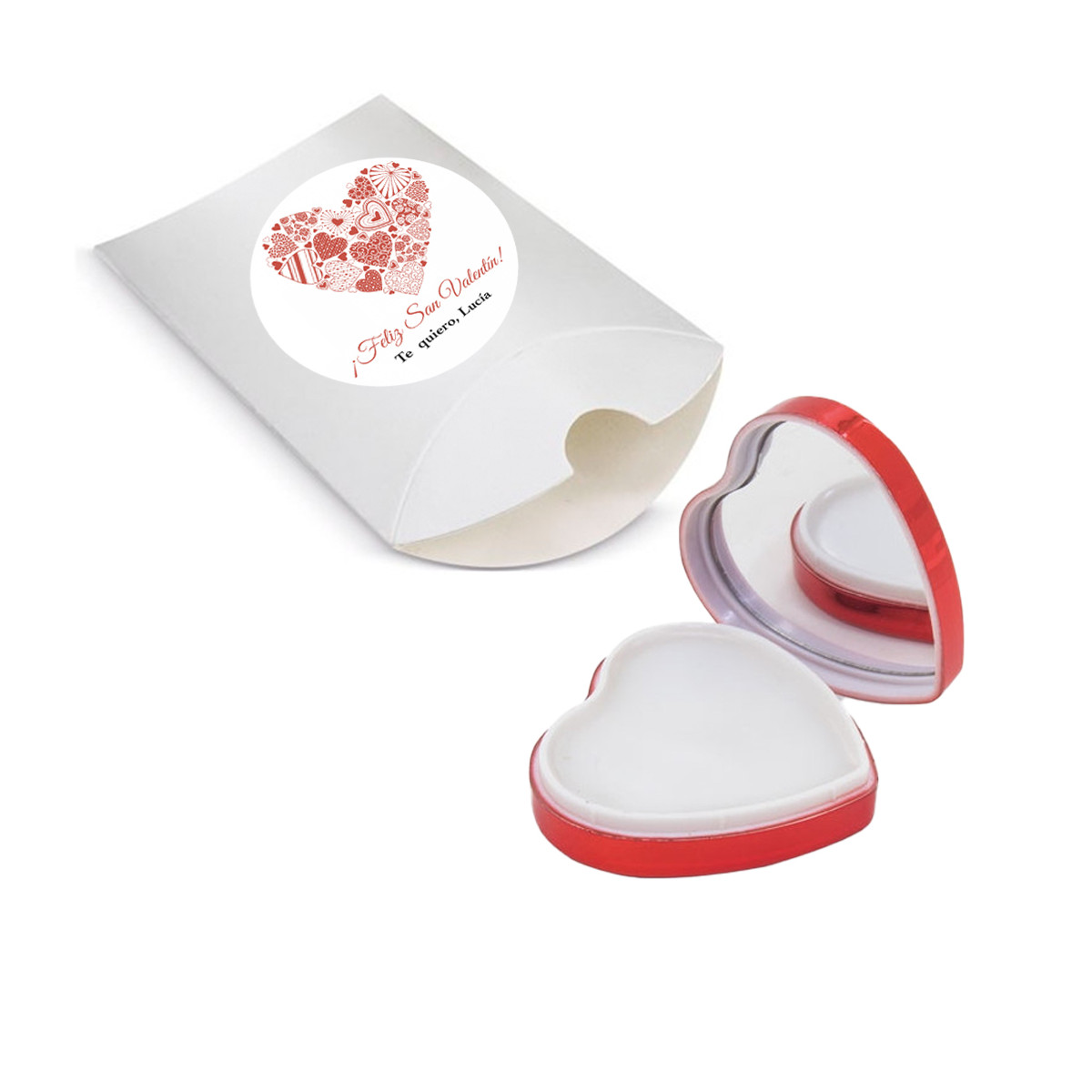 Bálsamo labial en forma de corazón en caja de presentación con adhesivo romántico para regalar