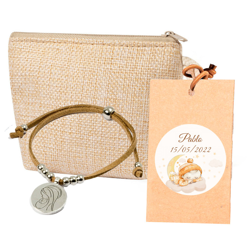 Pulsera con medalla de la virgen maría en monedero y etiqueta colgante personalizada con adhesivo para regalar