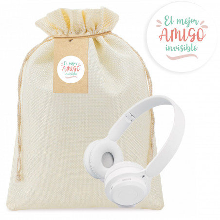 Auriculares bluetooth blancos plegables en bolsa de tela con etiqueta y adhesivo personalizable para regalar