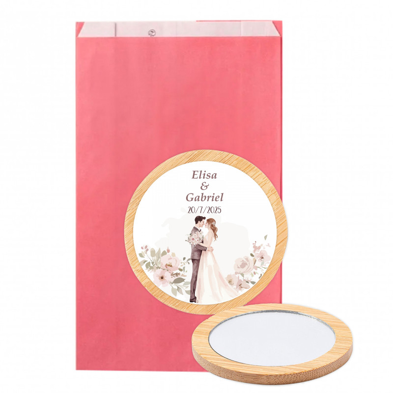 Espejo de madera con adhesivo novios personalizable en sobre para detalles bodas
