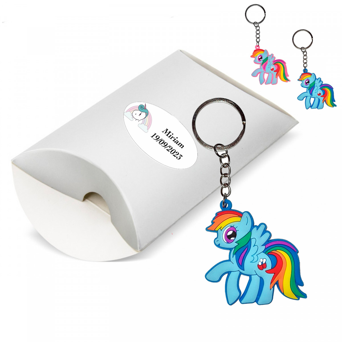Llavero unicornio en caja rosa con adhesivo unicornio personalizado para detalles