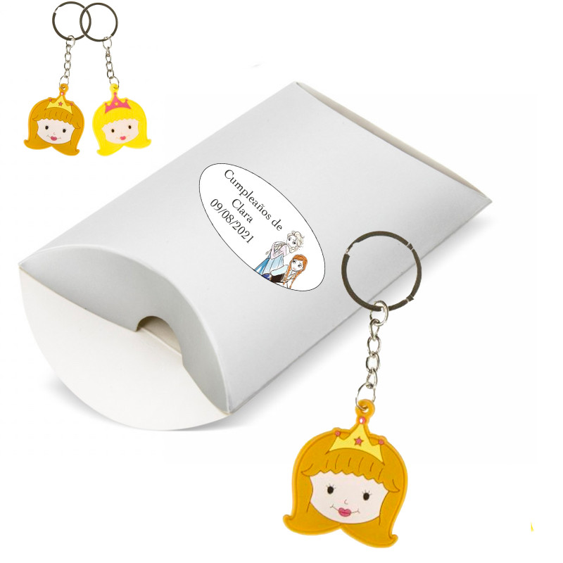 Llavero princesa en caja rosa con adhesivo frozen personalizable para detalles